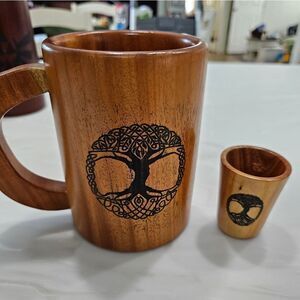 Tree of life handcrafted beer & shot glass wooden pre-owned